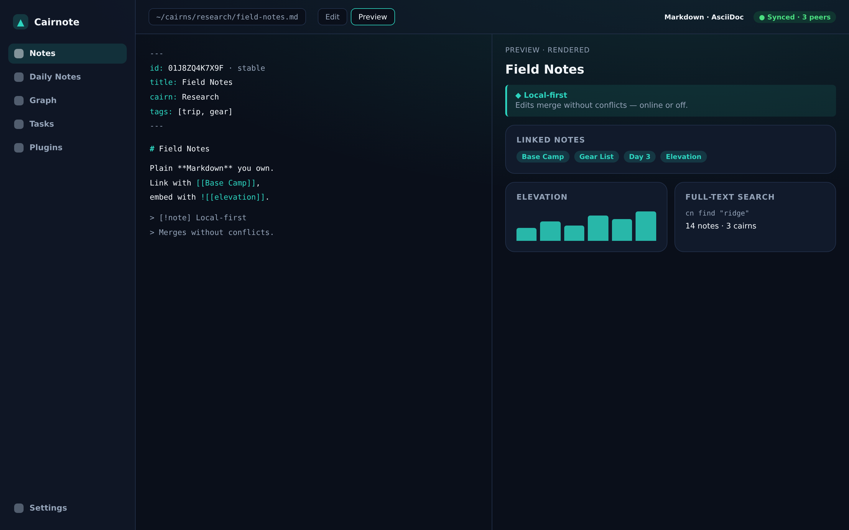 Cairnote — a Markdown note open in the editor with live rendering of the same plain file