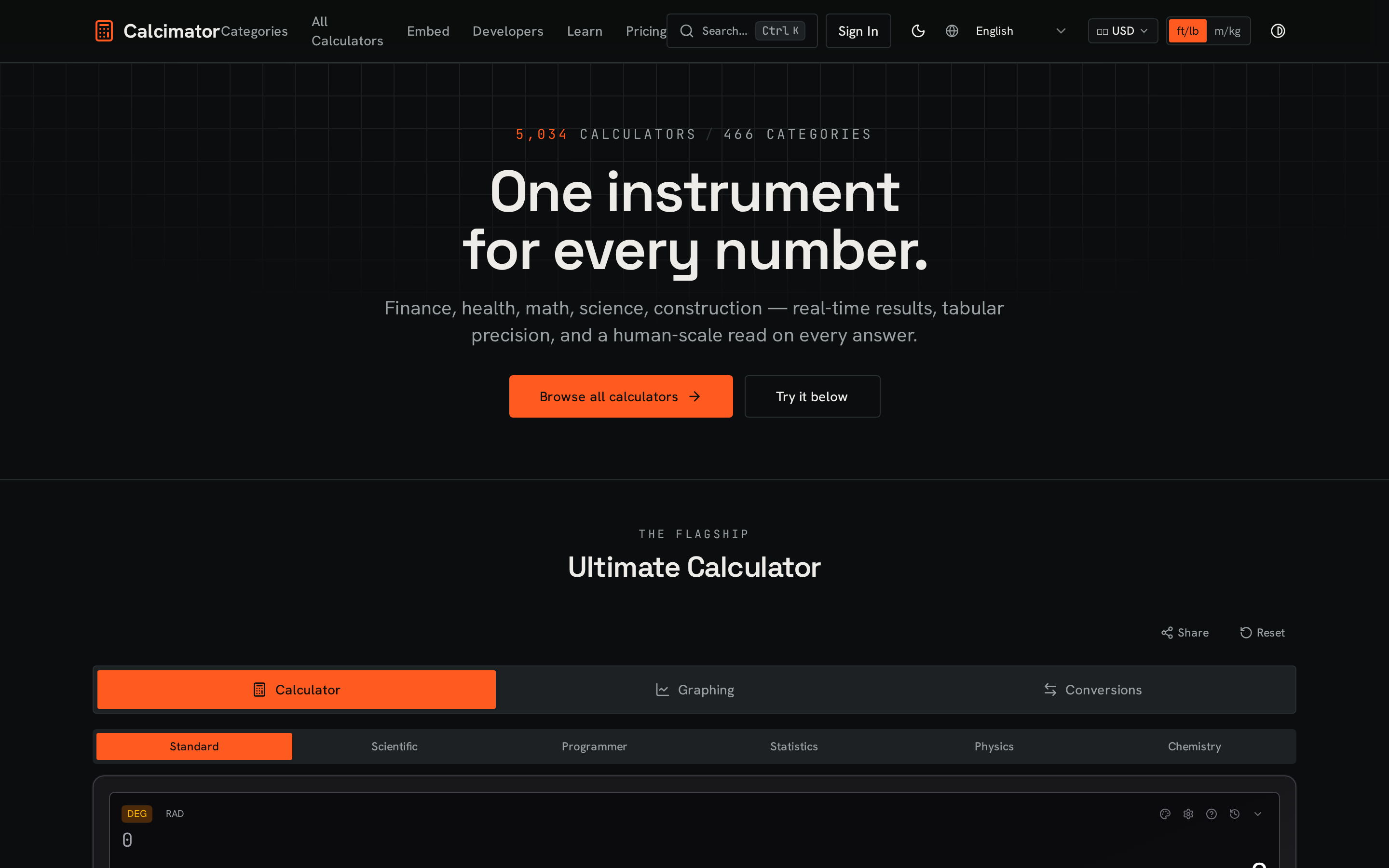 Calcimator home — “One instrument for every number” with the flagship Ultimate Calculator below