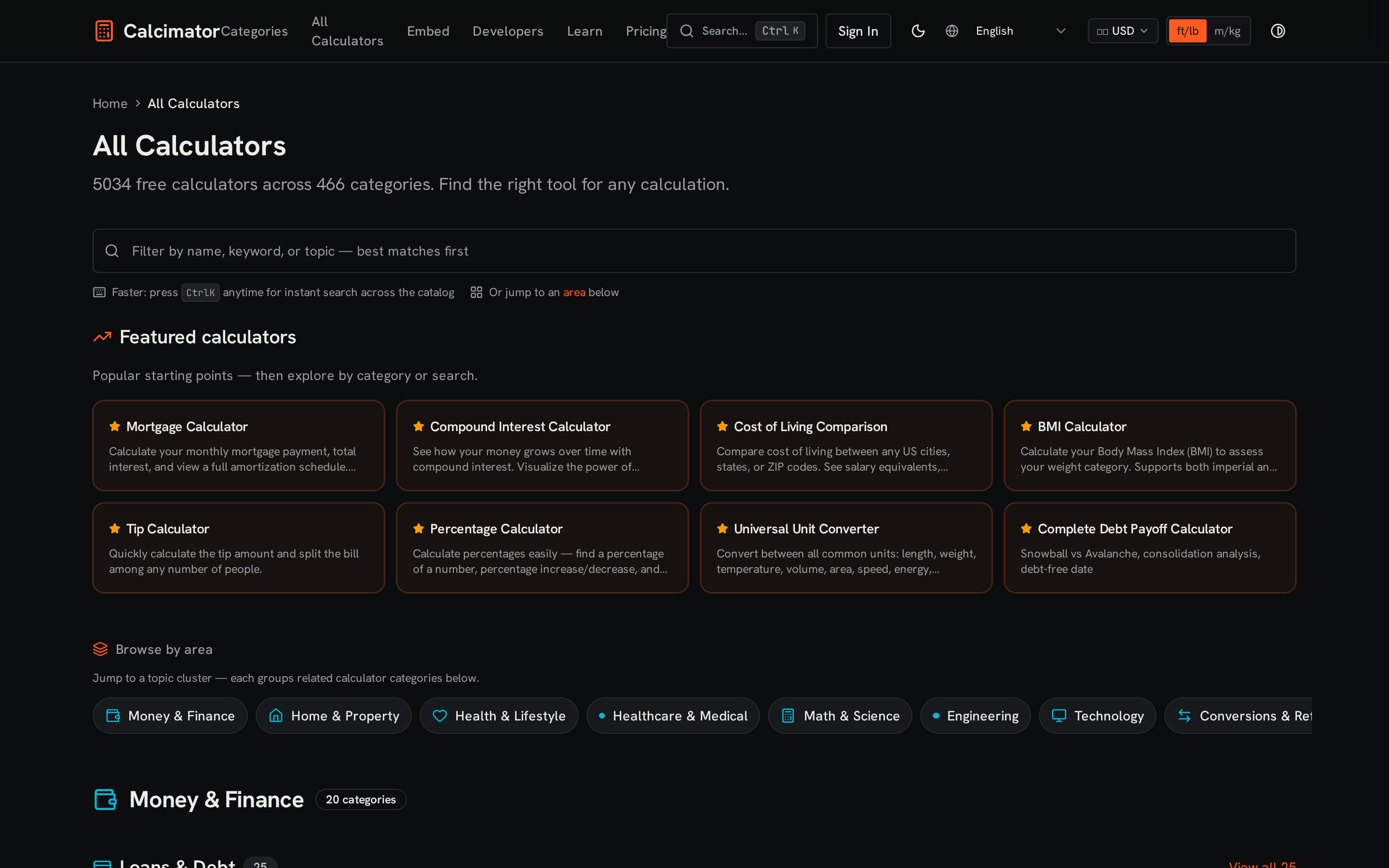 Calcimator calculators directory listing many categories