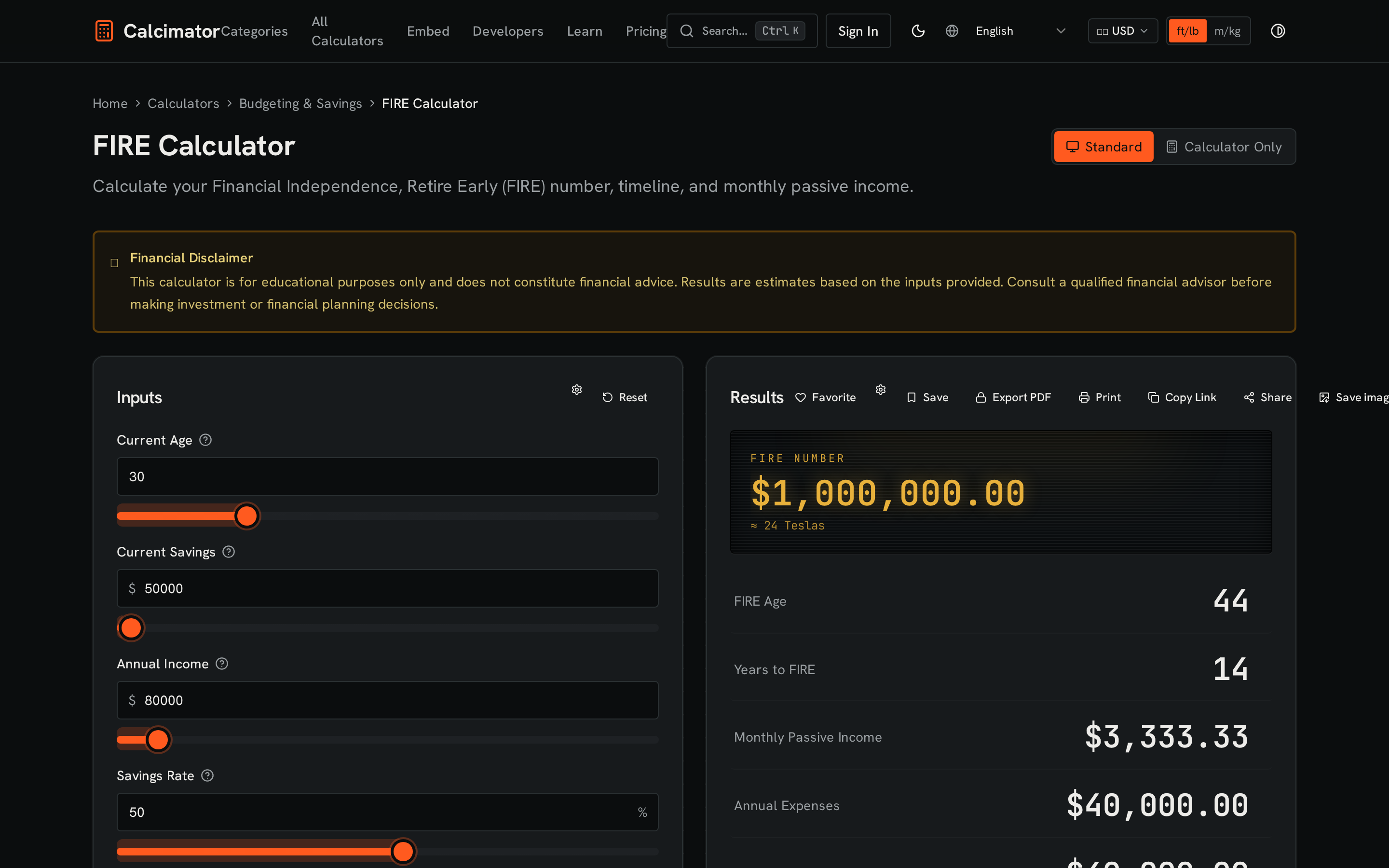 Calcimator FIRE calculator showing a $1,000,000 target, FIRE age, and monthly passive income