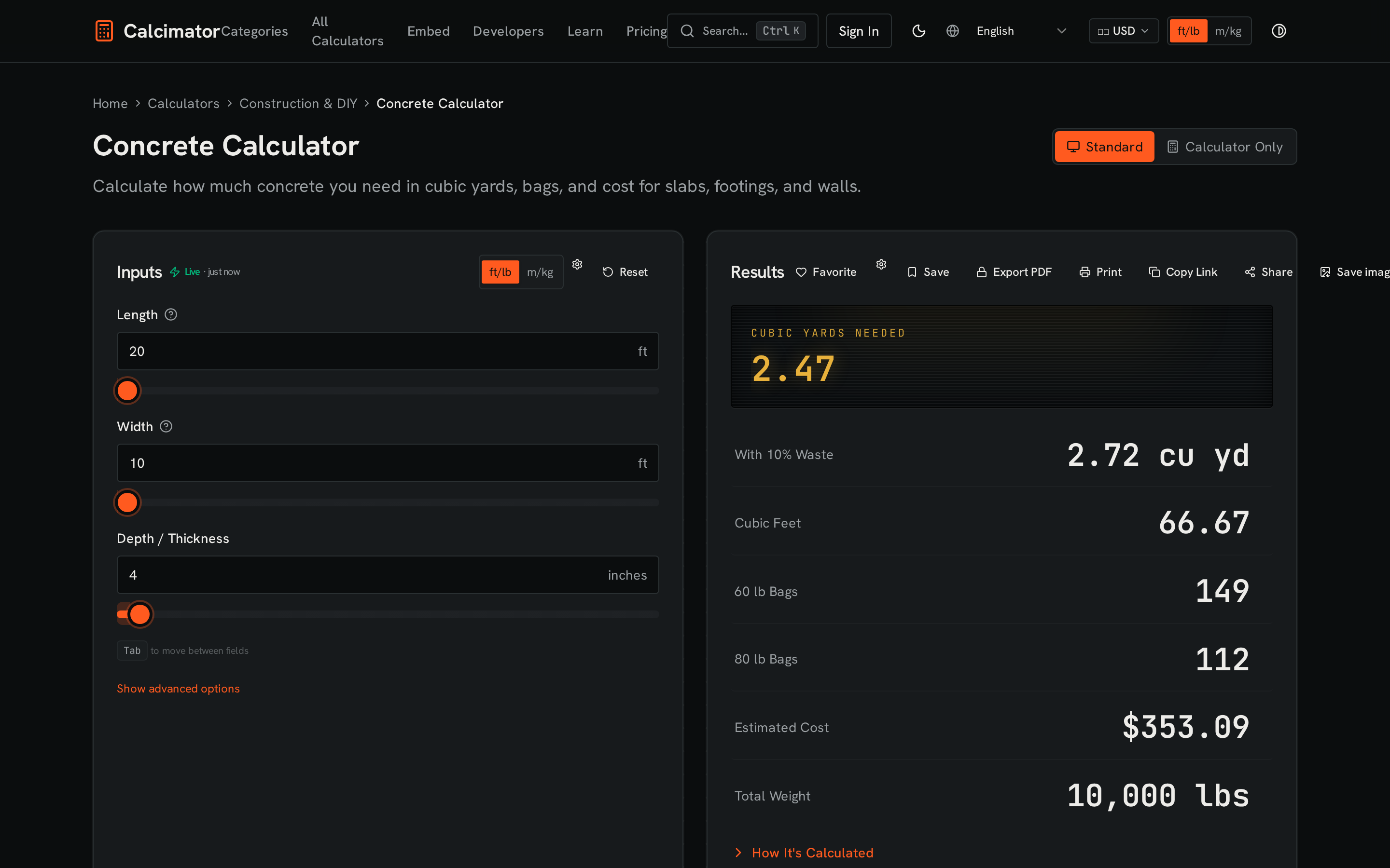 Calcimator concrete calculator for construction and DIY