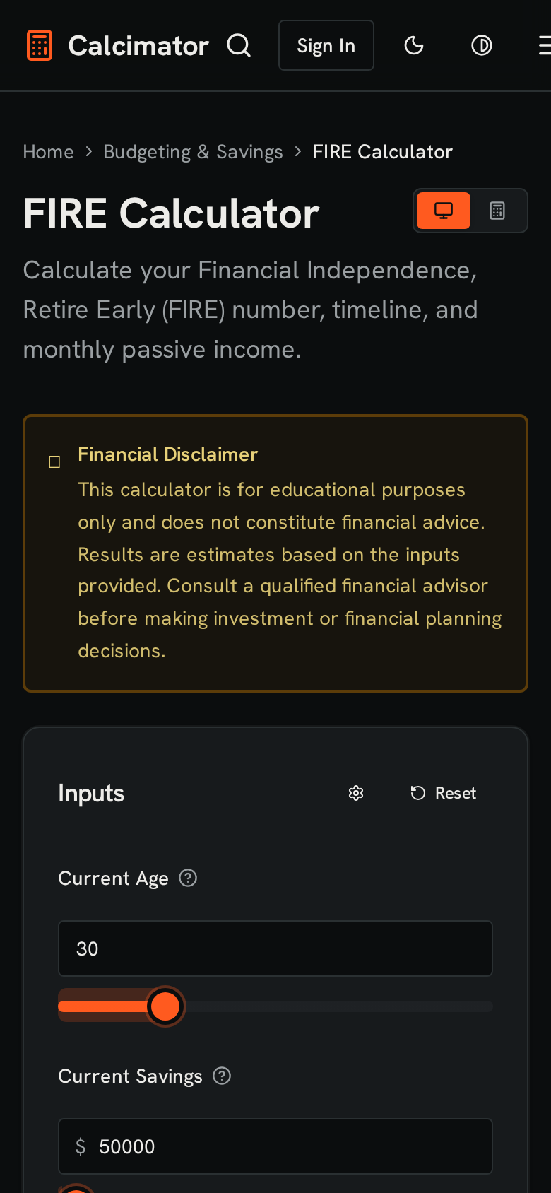 Calcimator FIRE calculator on a phone