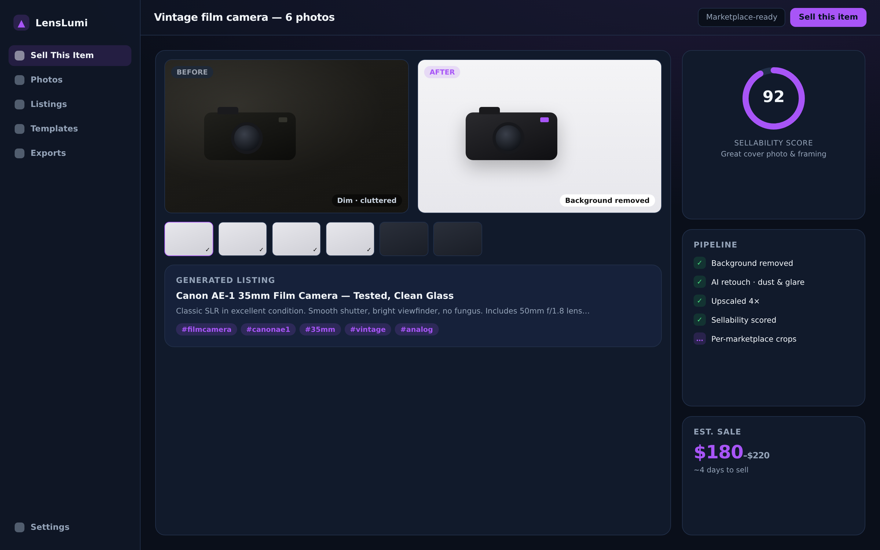LensLumi — a marketplace item photo cleaned up before/after, with a Sellability Score and generated listing text