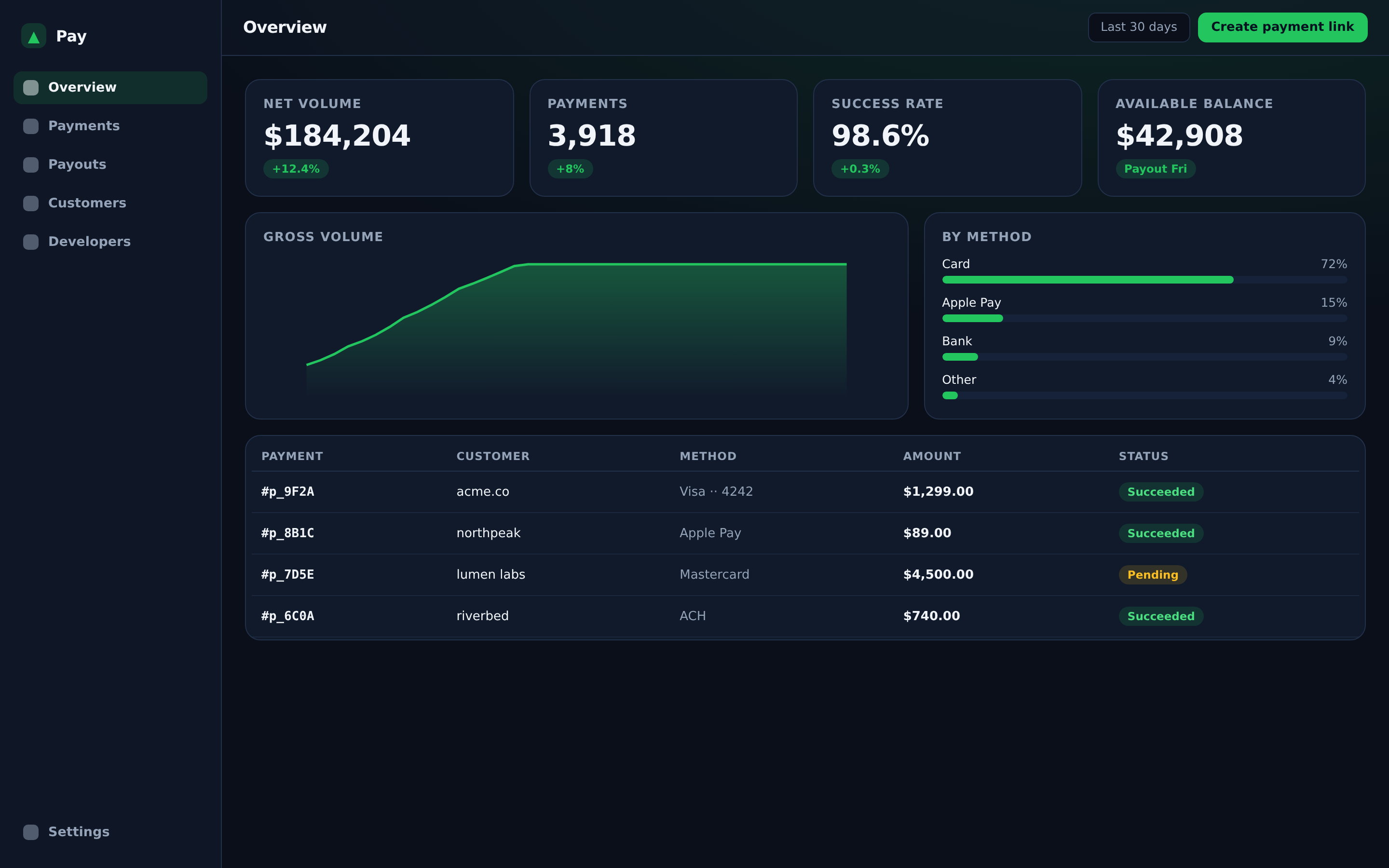 Pay dashboard — net volume, payments, success rate, and recent transactions for an app or extension developer