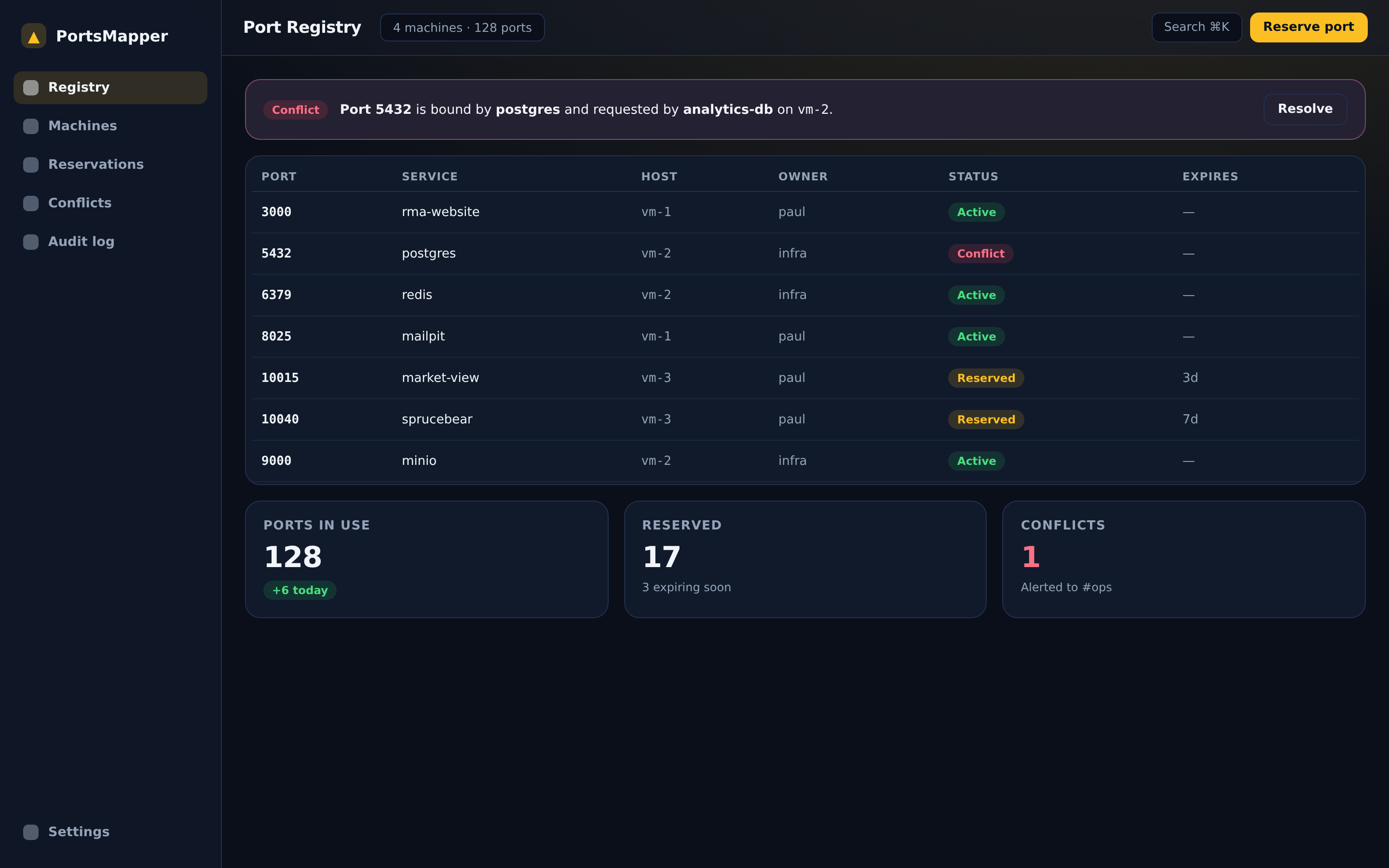 PortsMapper registry — a table of ports, services, hosts, and statuses with a live conflict alert