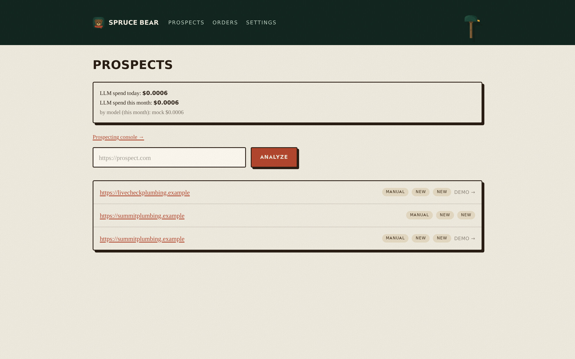 Spruce Bear console — analyze a site by URL and review scored prospects at a glance