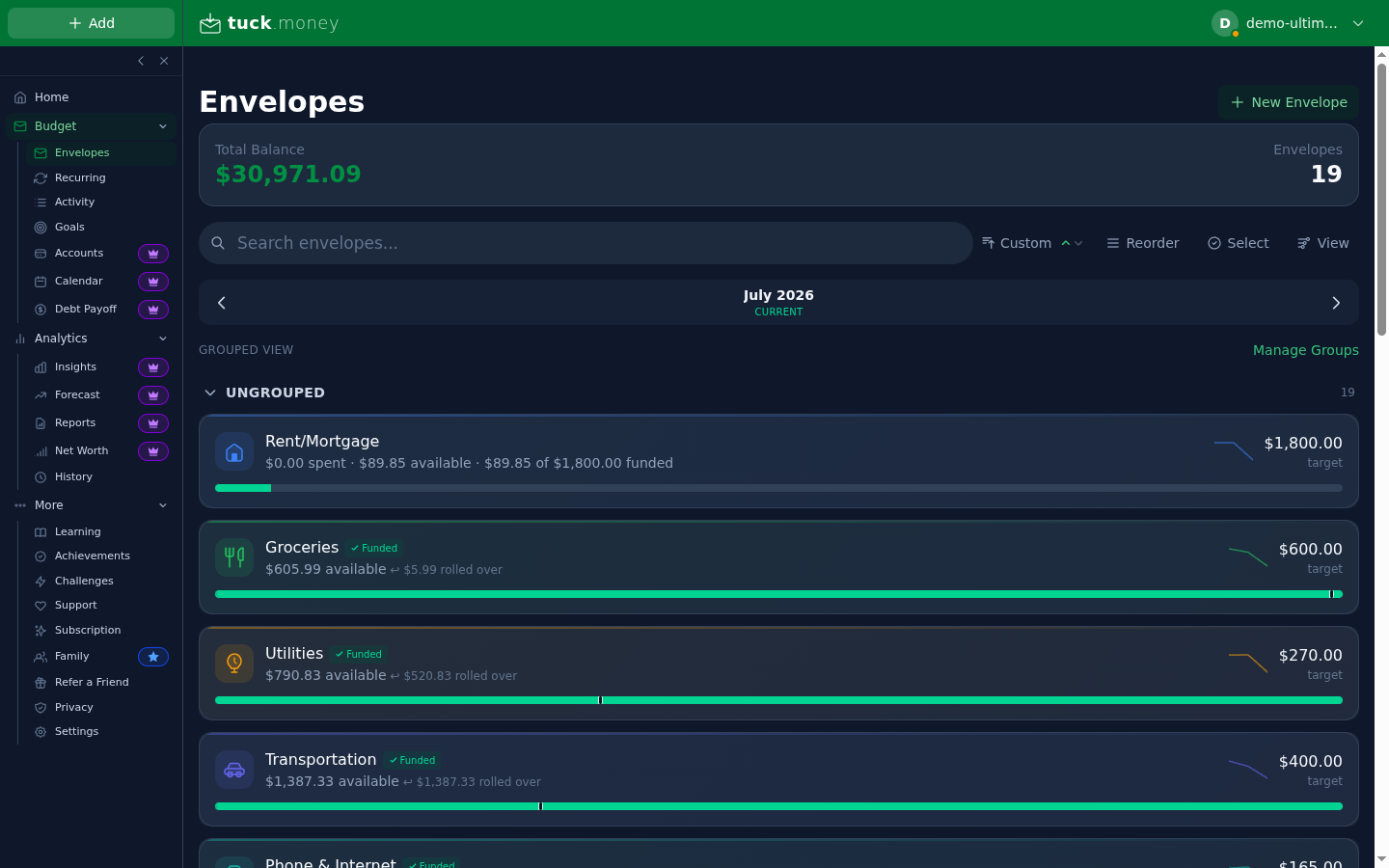Tuck envelopes list with funded categories, rollover, and targets