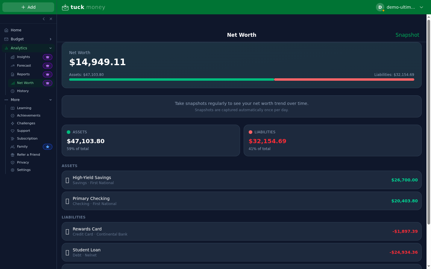 Tuck net worth screen breaking down assets and liabilities by account