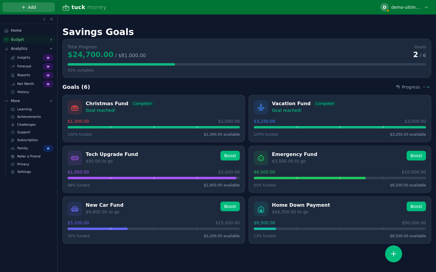 Tuck savings goals with per-goal funding progress